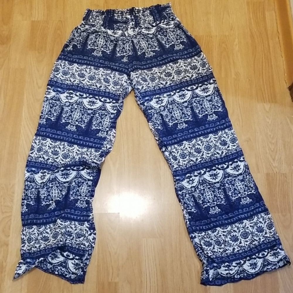 Blue Boho Wide Leg Stretch Waist Pants Size Large